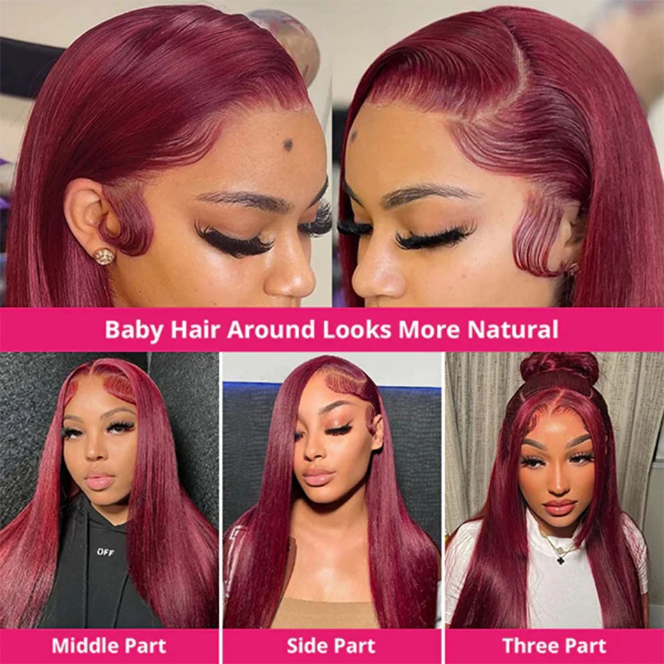 HD Burgundy 99J Straight Lace Frontal Human Hair Wigs 13x4 Transparent Lace Front Wig For Women Brazilian Red Colored Remy Wig