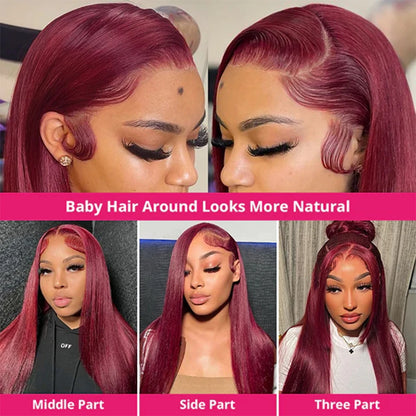 HD Burgundy 99J Straight Lace Frontal Human Hair Wigs 13x4 Transparent Lace Front Wig For Women Brazilian Red Colored Remy Wig