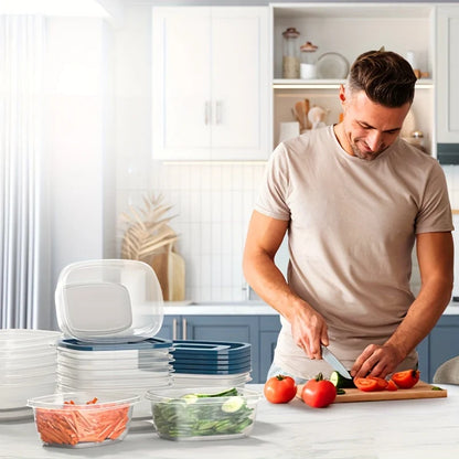 A set of 6 transparent stackable plastic food storage containers with blue lids and measurement markings—reusable, dishwasher an