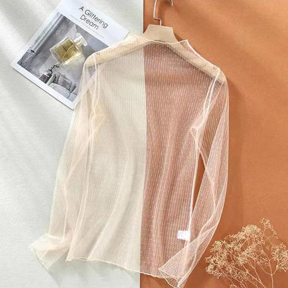 Spring Summer Women Sexy Black Mesh Tops Bottoming T Shirts Transparent Sheer Blouses Turtleneck Streetwear Tees Sunscreen Top