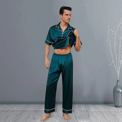 2Pcs/Set Silk Satin Men Pajama Set Notch Collar Button Down Pajama Top with Chest Pocket Elastic Waist Bottoms Set Sleepwear