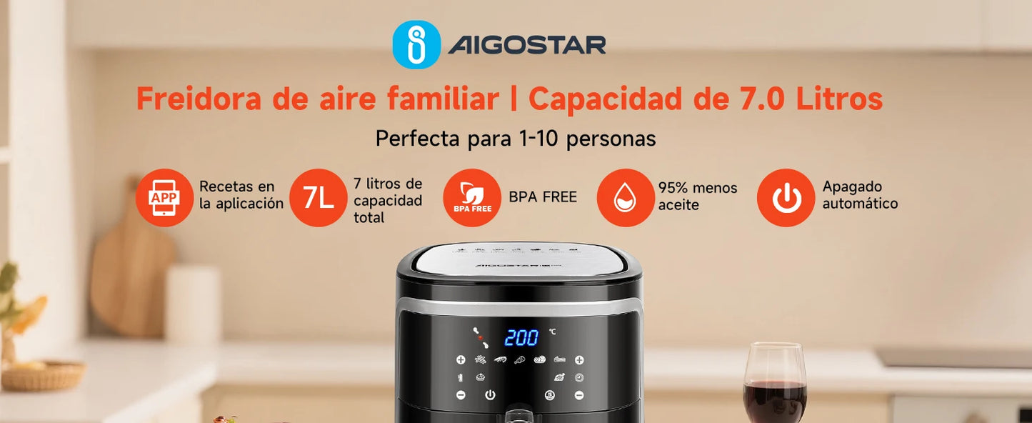 7L Oil-Free Air Fryer, Led Touch Screen, 8 Functions, Removable Non-Stick Basket, Recipe Book Included, 1900