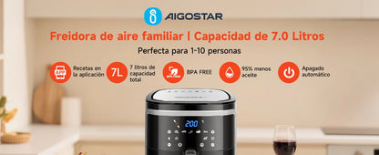7L Oil-Free Air Fryer, Led Touch Screen, 8 Functions, Removable Non-Stick Basket, Recipe Book Included, 1900
