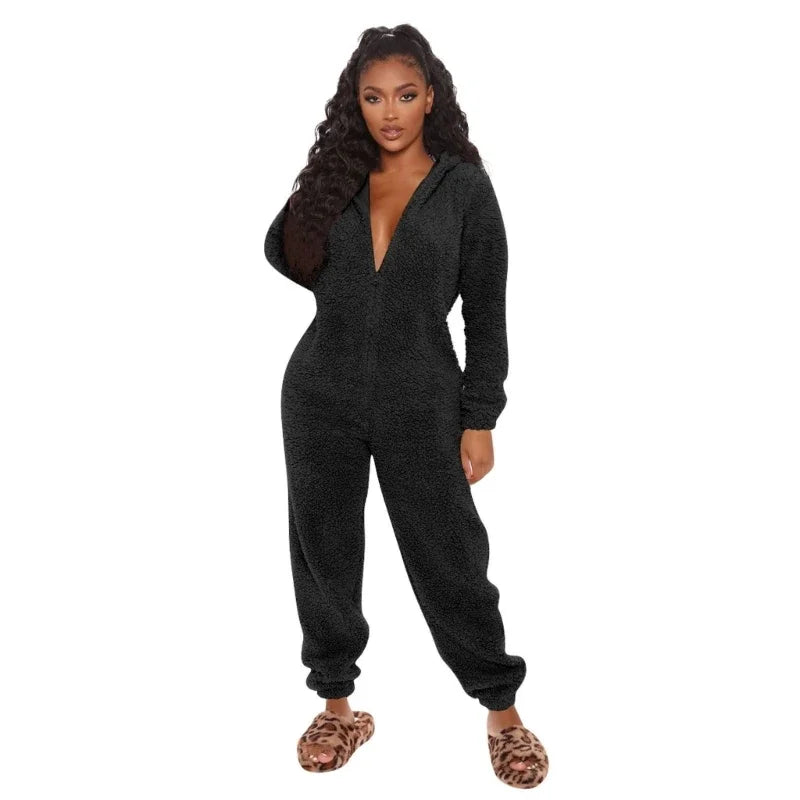 Womens Winter Warm Onesie Pajamas Fuzzy Fleece Zipper Up Bear Ear Hooded Romper Jumpsuits Sleepwear Loungewear