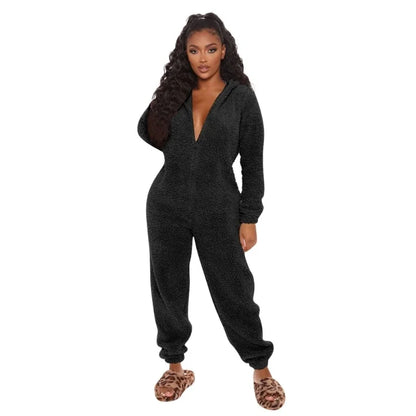 Womens Winter Warm Onesie Pajamas Fuzzy Fleece Zipper Up Bear Ear Hooded Romper Jumpsuits Sleepwear Loungewear