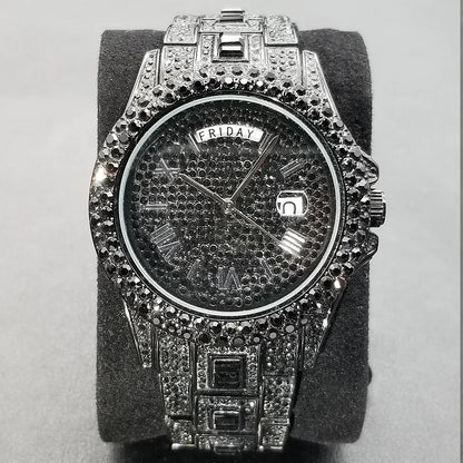 TikTok Hot Diamond Wristwatch For Men Luxury 18K Gold Plated Quartz Watches Day Date Nightclub Party Watch Unisex Rapper Jewelry
