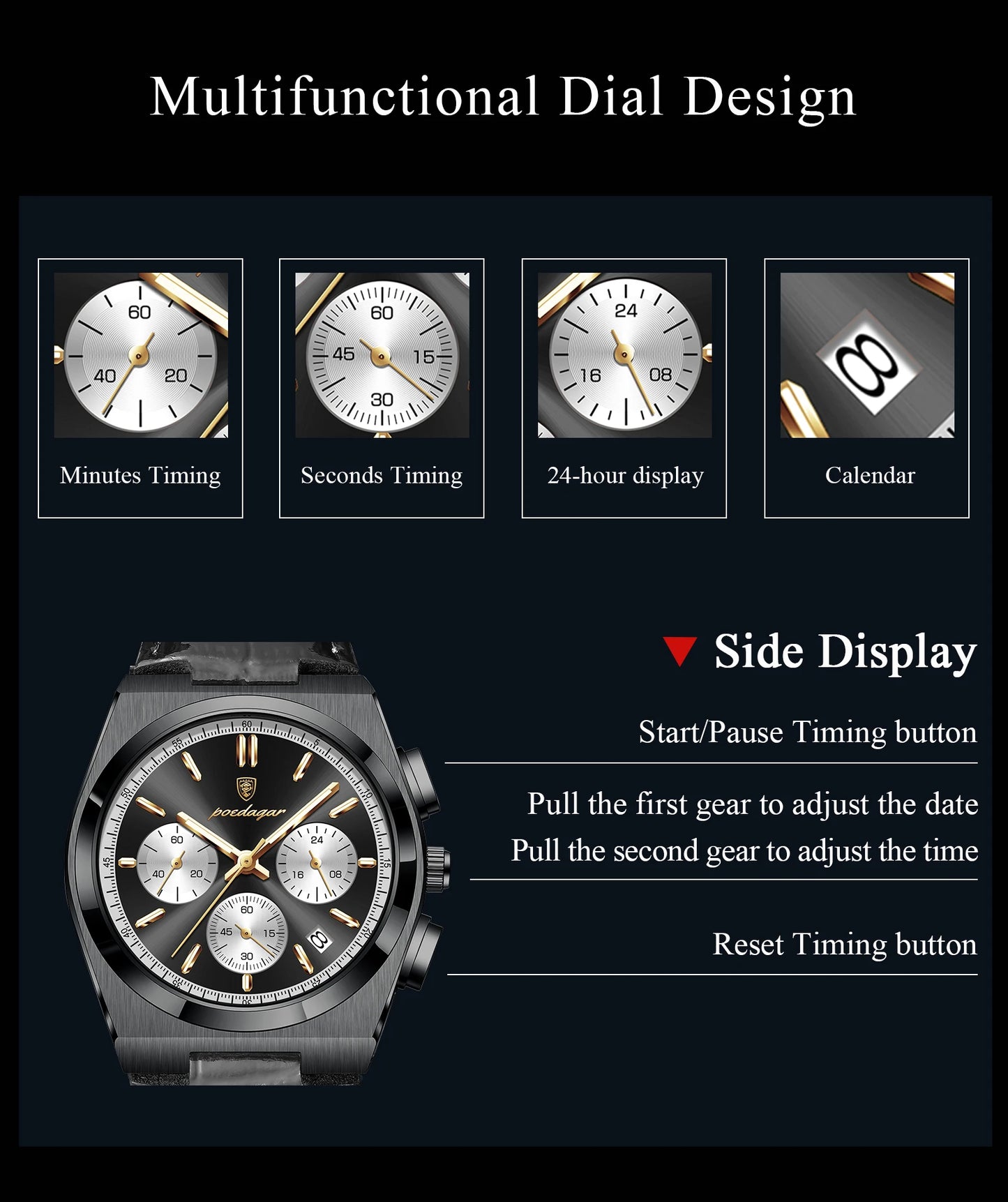 POEDAGAR Business Functional Male Watch Waterproof Luminous Chronograph Date Sports Men Wristwatch Leather Men's Quartz Watches