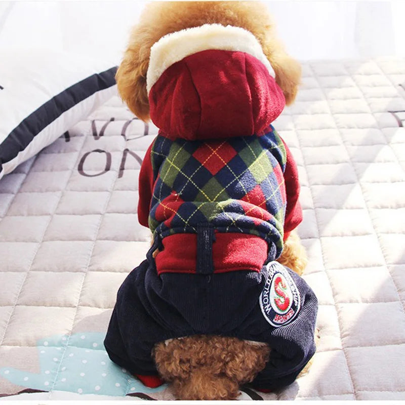 Winter Pet Thickened Warm Clothing Fashion Plaid Dog Four Legs Clothes Puppy Hoodie Teddy Yorkshire Coat Pet Supplies