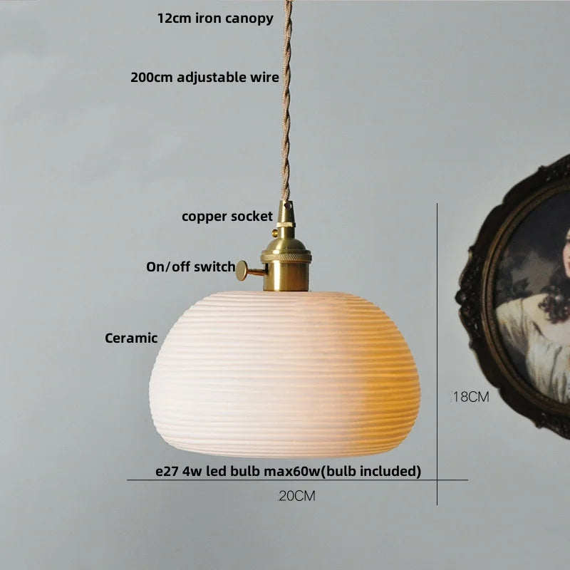IWHD White Ceramic LED Pendant Lamp Bedroom Study Balcony Wire Adjustable Copper Socket Nordic Modern Home Decor Hanging Lights
