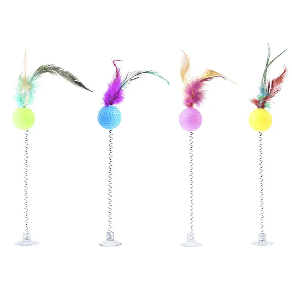 1pc Feather Spring Cat Interactive Toy Suction Cup Cat Fur Ball Teaser Wand Toys Cat Scratcher Toys Pet Supplies Random Color