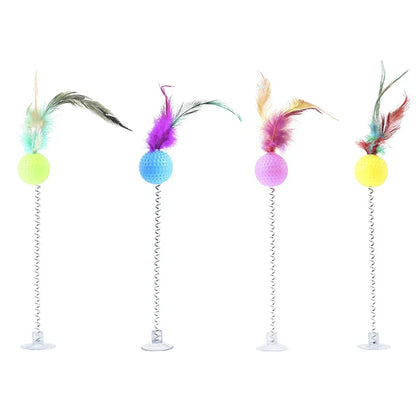 1pc Feather Spring Cat Interactive Toy Suction Cup Cat Fur Ball Teaser Wand Toys Cat Scratcher Toys Pet Supplies Random Color
