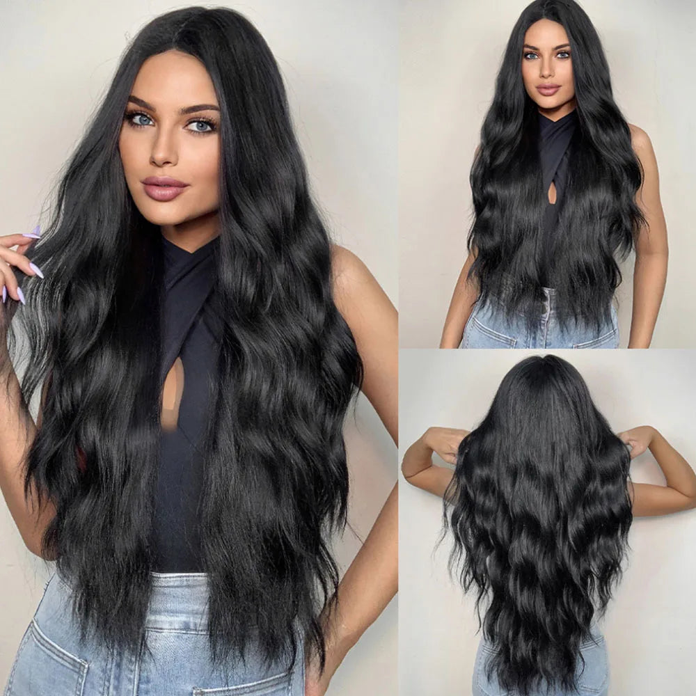 HENRY MARGU Long Brown Wavy Synthetic Wigs Middle Part Natural  Curly Wig for Black Women Cosplay Daily Heat Resistant Fake Hair