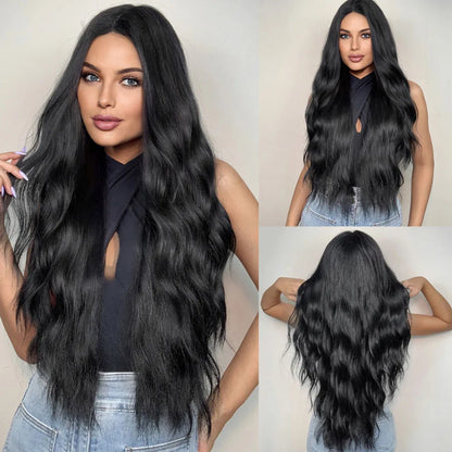 HENRY MARGU Long Brown Wavy Synthetic Wigs Middle Part Natural  Curly Wig for Black Women Cosplay Daily Heat Resistant Fake Hair