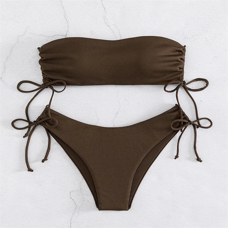 2025 Sexy Low Waist Swimwear New Solid Bandeau Bikini Set Women Push Up Drawstring Beachwear Swimsuit Backless bathing suit