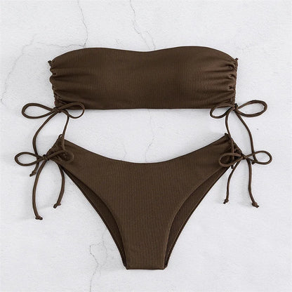 2025 Sexy Low Waist Swimwear New Solid Bandeau Bikini Set Women Push Up Drawstring Beachwear Swimsuit Backless bathing suit