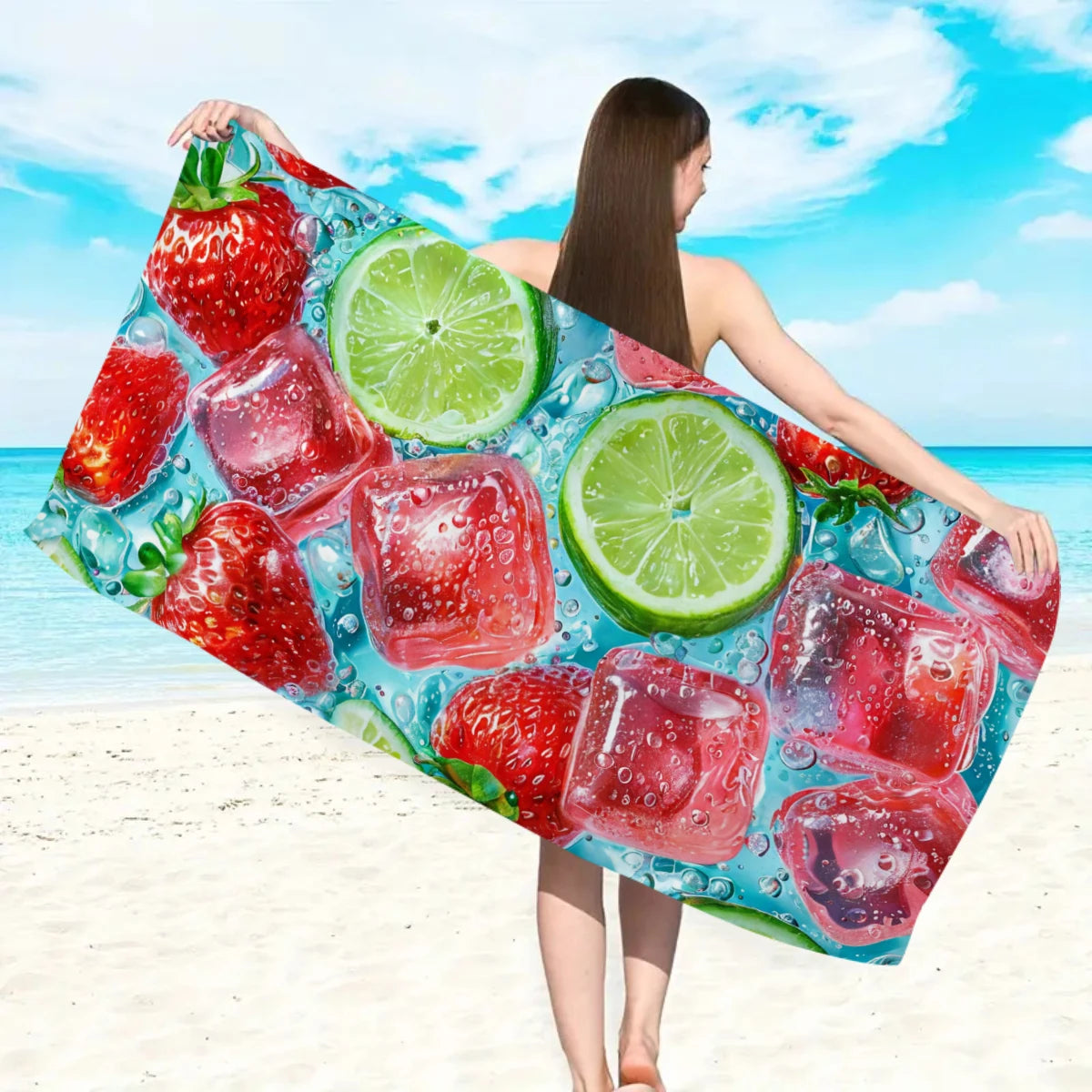 1pc fruit printed large beach towel, ultra-fine fiber towel, outdoor swimming, vacation, camping beach towel