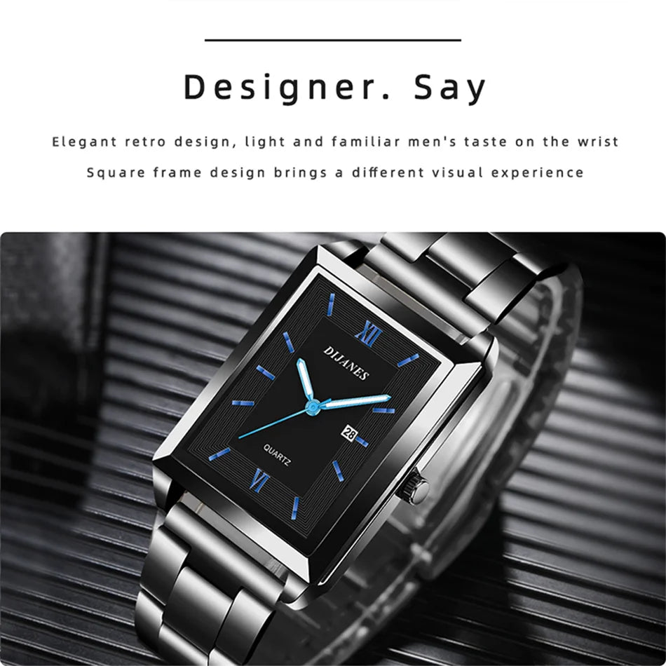 Fashion Mens Business Watches for Men Rectangle Stainless Steel Quartz Wrist Watch Man Casual Leather Watch relogio masculino