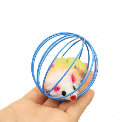 1Pcs Cat Toys Colorful Feathers Colorful Plush Mouse Ball Cage Cat Fun Creative Interactive Toys Pet Supplies Random Colors