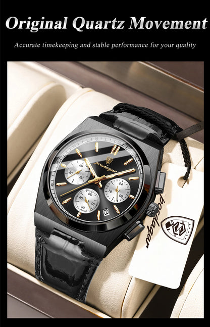POEDAGAR Business Functional Male Watch Waterproof Luminous Chronograph Date Sports Men Wristwatch Leather Men's Quartz Watches