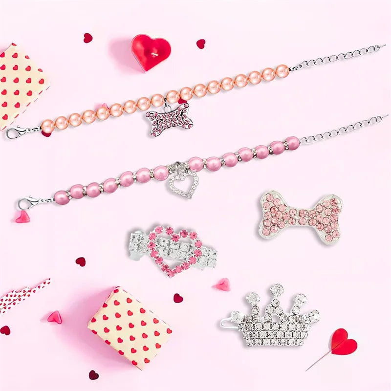 Bling Pearl Dog Collar Small and Medium Dogs Crown Hair Clips Puppy Accessories Doggy Heart and Bone Necklace Pet Supplies