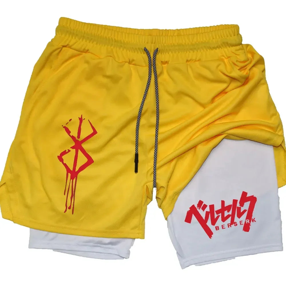 Anime Berserk 2 in 1 Gym Shorts for Men Active Athletic Compression Shorts 5 Inch Quick Dry Stretchy Training Fitness Workout