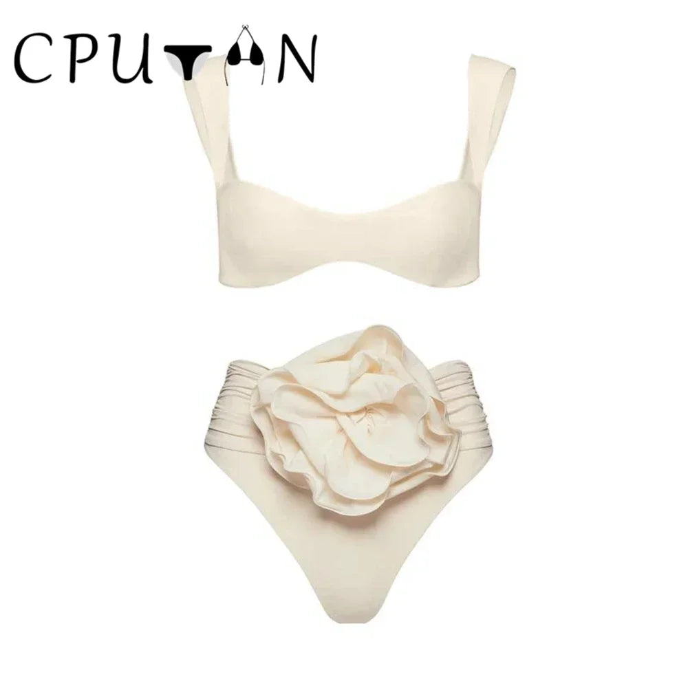 2026 New Sexy White 3D Flower Solid Two Piece Push Up Bikini Set Luxury Swimwear Women Swimsuit Beachwear Summer Bathing Suit