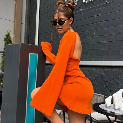 2026 Women Ins Style Sexy Backless Neck-hanging Long Sleeve Fishtail Dress Knit Beachwear Summer Swimsuit Bikini Cover-ups A2825