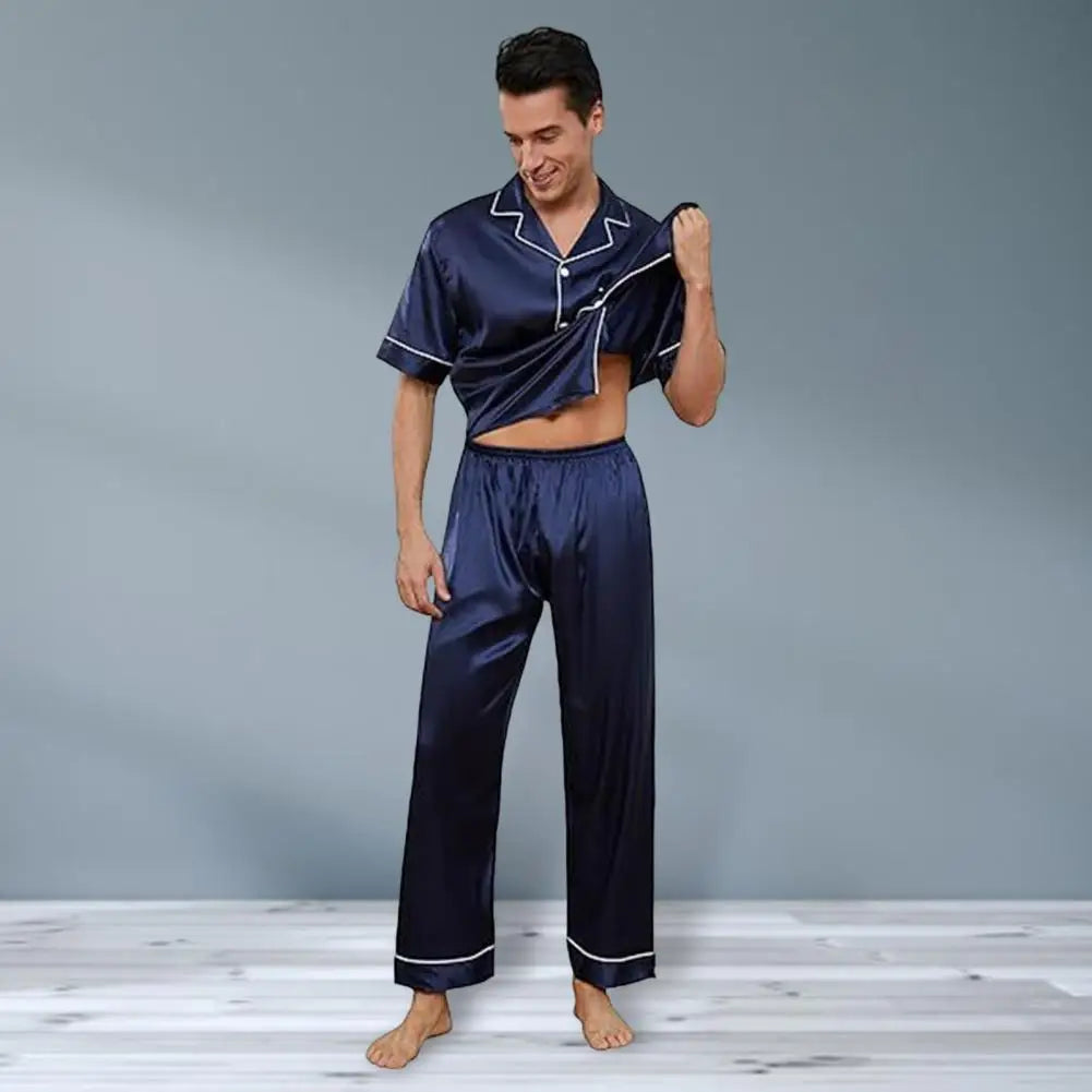 2Pcs/Set Silk Satin Men Pajama Set Notch Collar Button Down Pajama Top with Chest Pocket Elastic Waist Bottoms Set Sleepwear