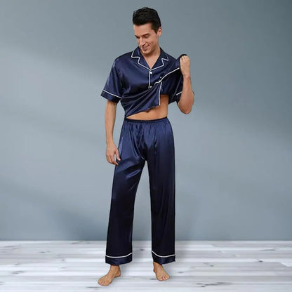 2Pcs/Set Silk Satin Men Pajama Set Notch Collar Button Down Pajama Top with Chest Pocket Elastic Waist Bottoms Set Sleepwear