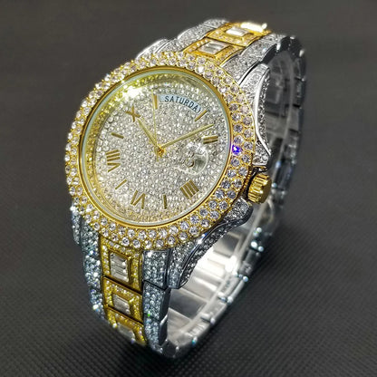 TikTok Hot Diamond Wristwatch For Men Luxury 18K Gold Plated Quartz Watches Day Date Nightclub Party Watch Unisex Rapper Jewelry