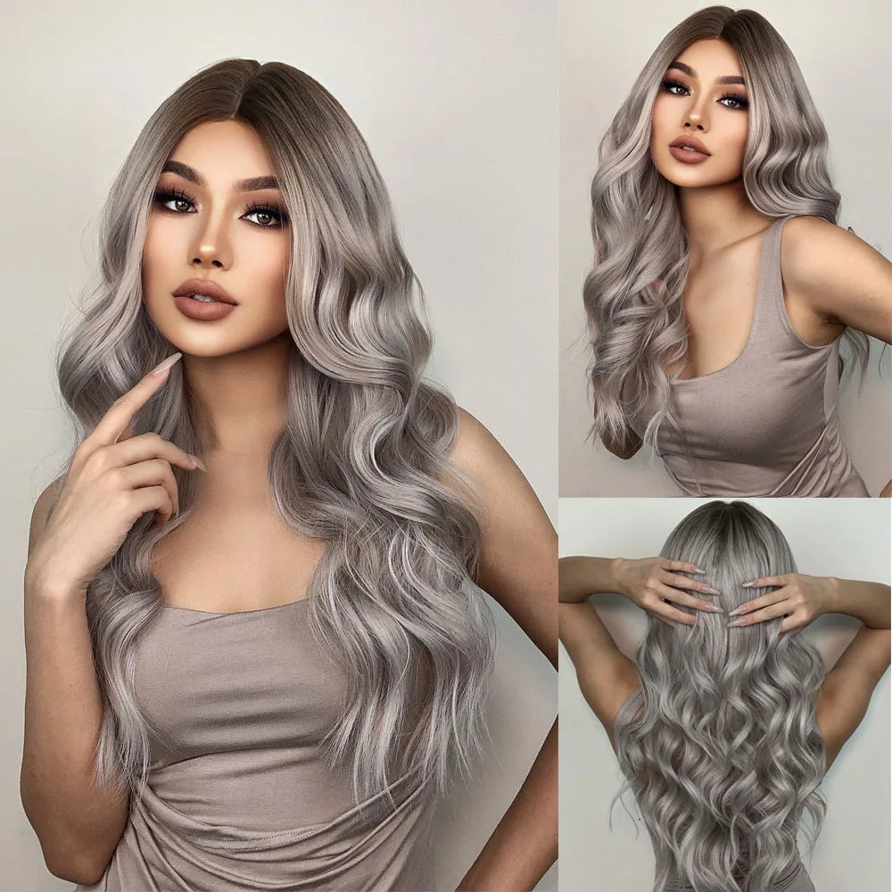HENRY MARGU Long Brown Wavy Synthetic Wigs Middle Part Natural  Curly Wig for Black Women Cosplay Daily Heat Resistant Fake Hair