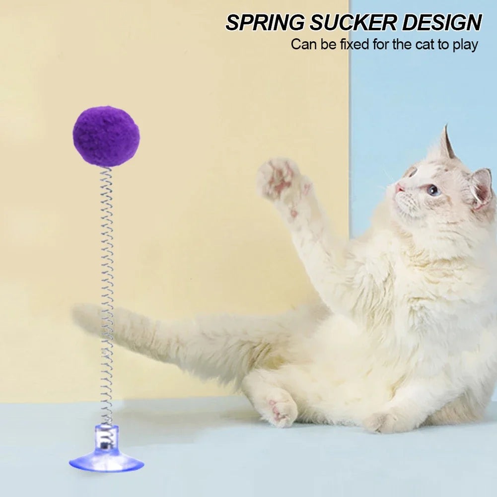 1pc Feather Spring Cat Interactive Toy Suction Cup Cat Fur Ball Teaser Wand Toys Cat Scratcher Toys Pet Supplies Random Color