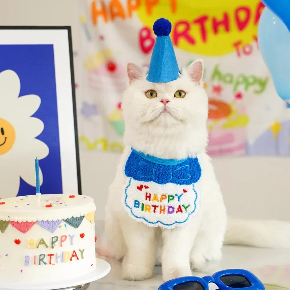 Cat Birthday Party Hat And Bib With Adjustable Bandana Pet Birthday Sweet Outfit Scarf Cats Puppy Dress Up Set Pet Supplies
