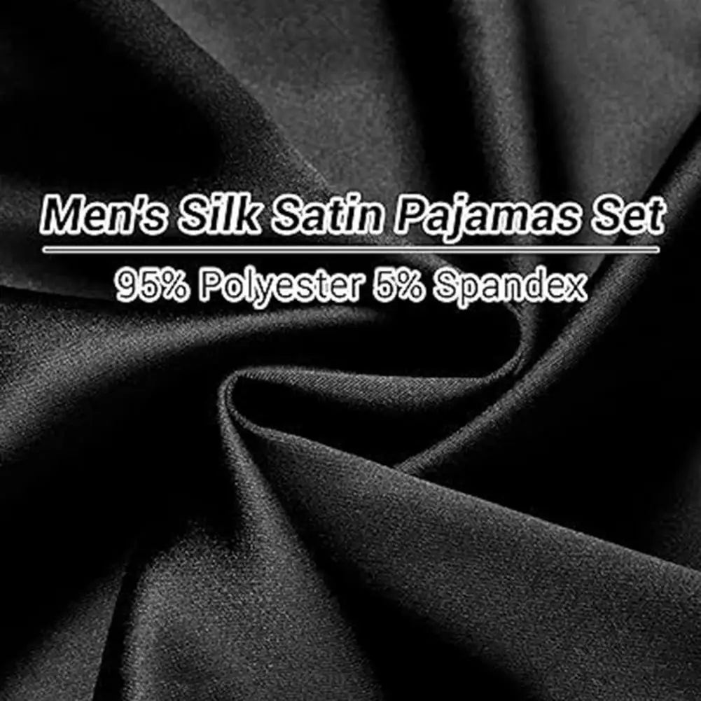 2Pcs/Set Silk Satin Men Pajama Set Notch Collar Button Down Pajama Top with Chest Pocket Elastic Waist Bottoms Set Sleepwear