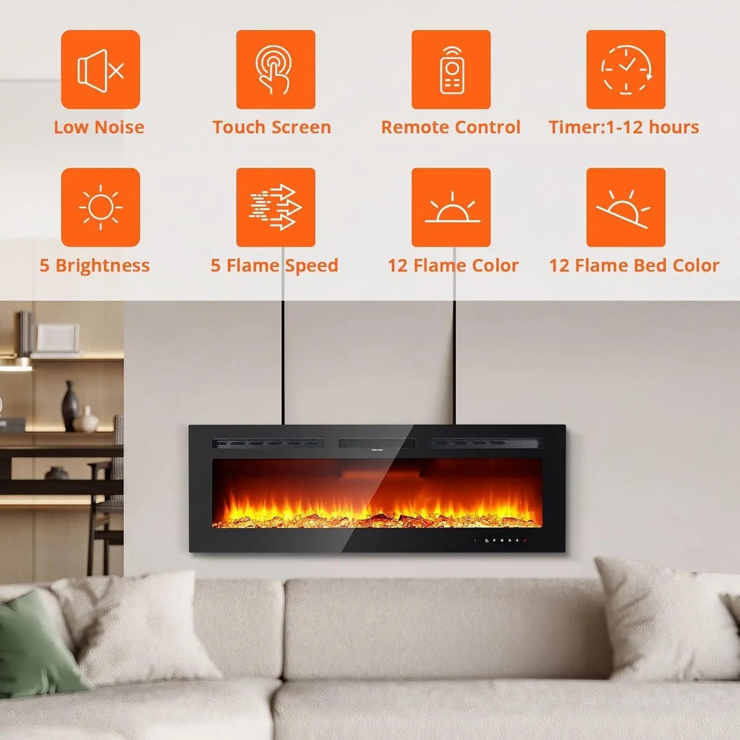 Electric Fireplace, 3 in 1 3D Wall-Mounted with 1800W Heating/12 Flame Effect LED Color Modes/Remote Control/Timer Up to 12h