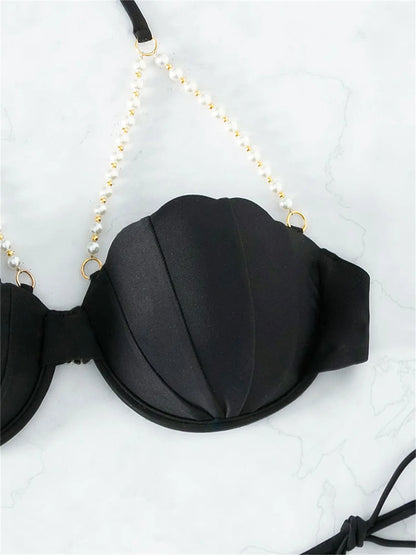 Sexy Shell Shape Underwire Bikini Tie Side Thong Bikinis Swimwear Women 2025 Black Pearls Strap Push Up Bathing Suit Swimsuit