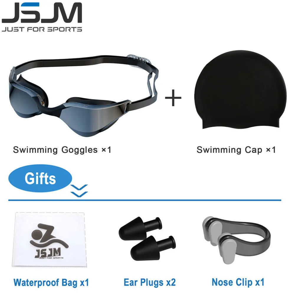 JSJM New Professional Swimming Goggles for Adults HD Anti-Fog Waterproof Silicone Swim Cap + Swim Glasses for Men & Women Gifts