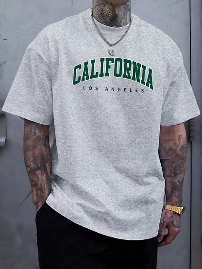 Summer Men's 100% Cotton Casual Sports Loose Large california letter Printed Comfortable Round Neck Short Sleeve T-shirt Top