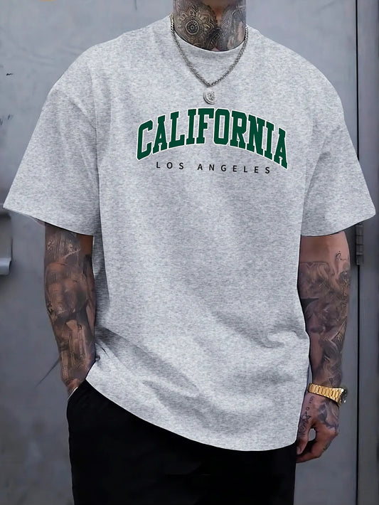 Summer Men's 100% Cotton Casual Sports Loose Large california letter Printed Comfortable Round Neck Short Sleeve T-shirt Top