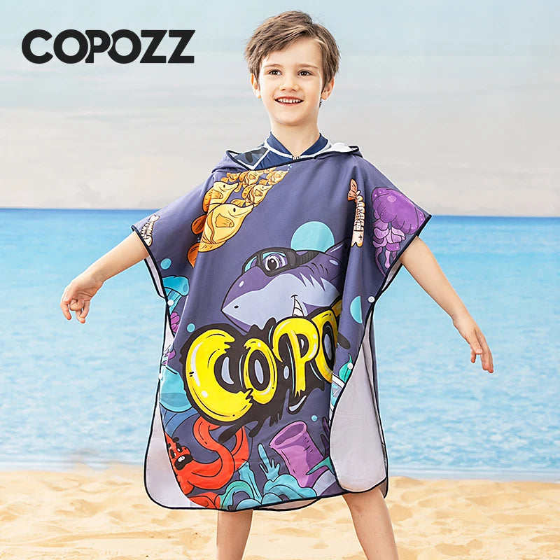 COPOZZ Children Changing Poncho Teen Soft Beach Cloak Hooded Cloak Bath Towel Quick Dry Microfiber Swimming Bathrobe
