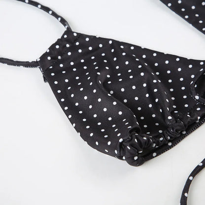 2025 Summer Vacation Beach 2 Piece Set Women Sexy Polka Dots Print Lace Up Halter Bra + Ruffles Micro Mini Skirts Swimsuit