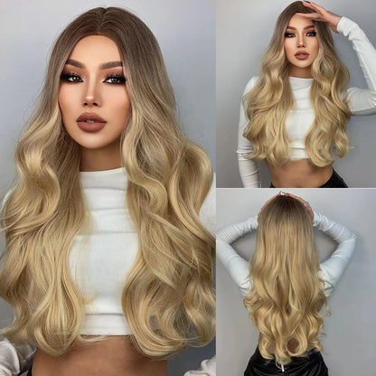 HENRY MARGU Long Brown Wavy Synthetic Wigs Middle Part Natural  Curly Wig for Black Women Cosplay Daily Heat Resistant Fake Hair