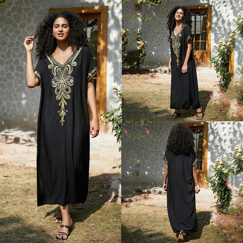 Swimsuit Cover Ups Embroidery V Neck Short Sleeve Swim Cover Up for Women Kaftan Dresses