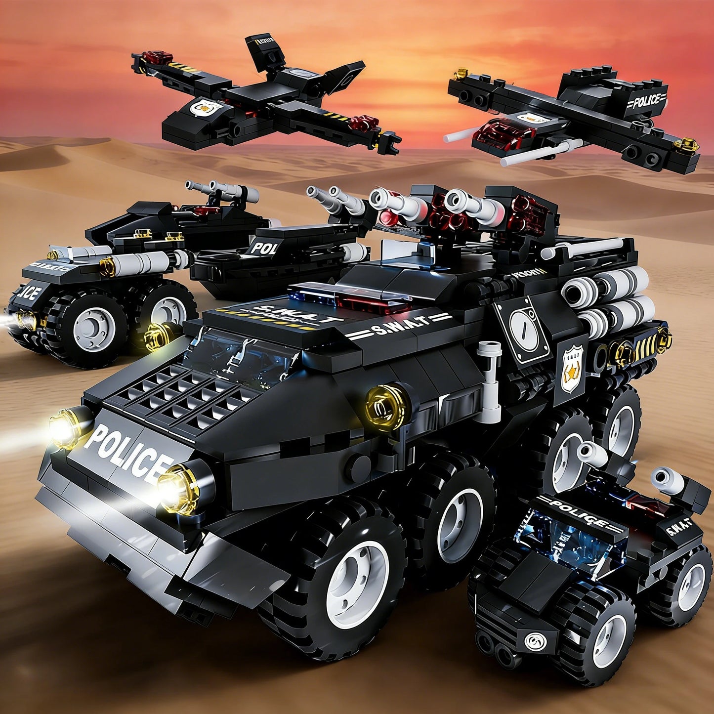 6 in 1 Military Building Blocks Tiger Police Car Armored Vehicle Aircraft Set Boys DIY Construction Toys Christmas Birthday Gift