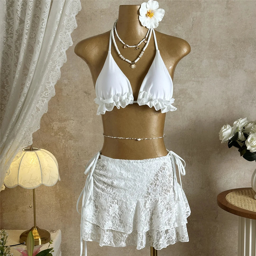 With Skirt Ruffled Frilled Halter Bikini Female Swimsuit Women Swimwear Three-pieces Bikini set Bather Bathing Suit Swim V7788