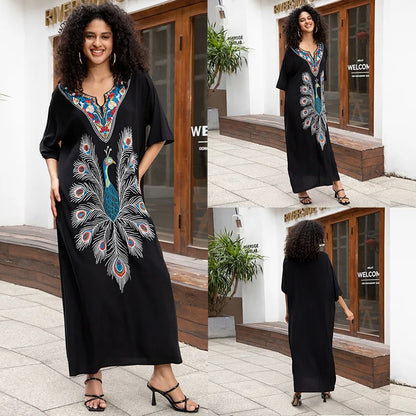 Swimsuit Cover Ups Embroidery V Neck Short Sleeve Swim Cover Up for Women Kaftan Dresses