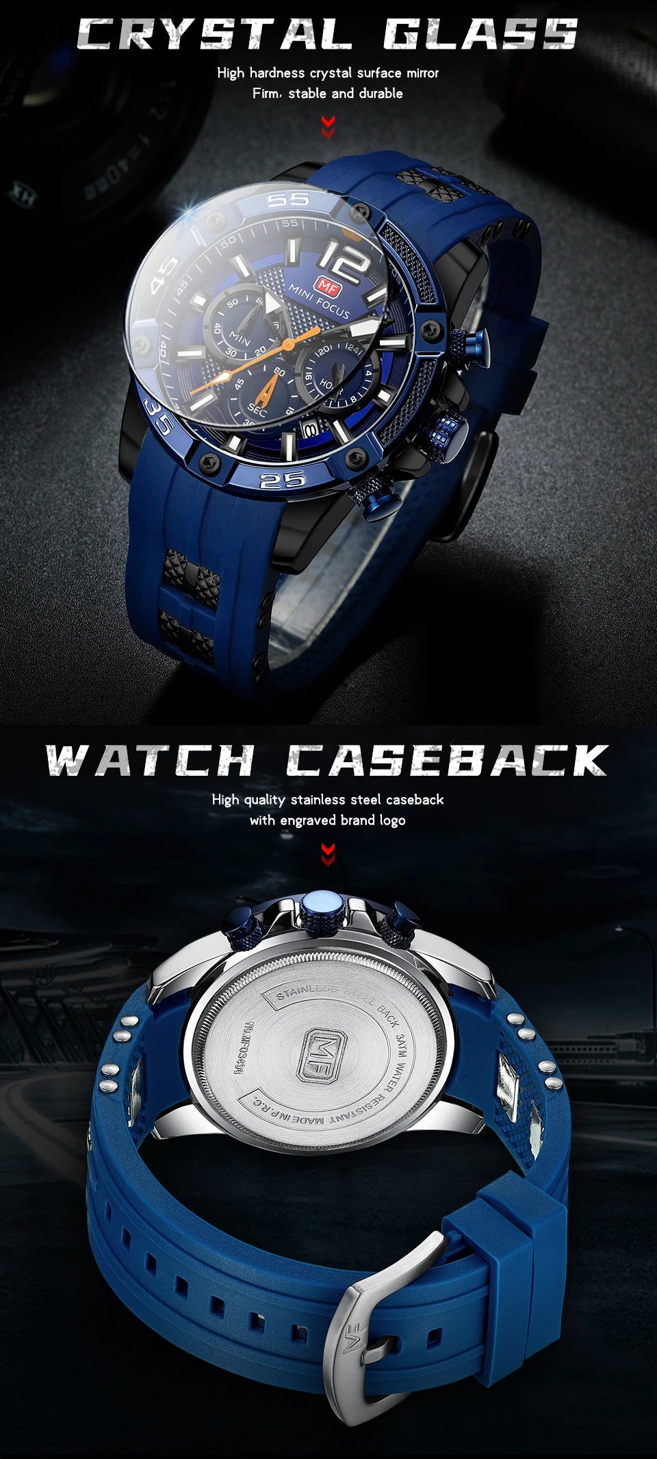 MINI FOCUS Multifunctional Sports Quartz Watch Mens Watches Waterproof Chronograph Wrist Watch with Date Luminous Hands 0349G