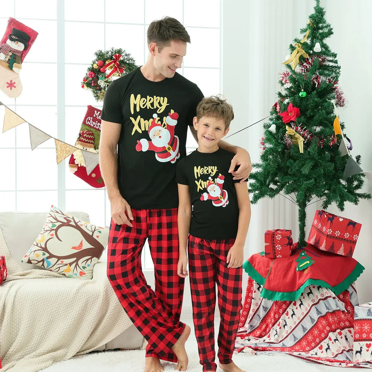 2025 New Year's Costume Short Sleeve Christmas Pajamas Set Matching Outfits for Family/Couples/Kids T-shirt+Trousers Sleepwear