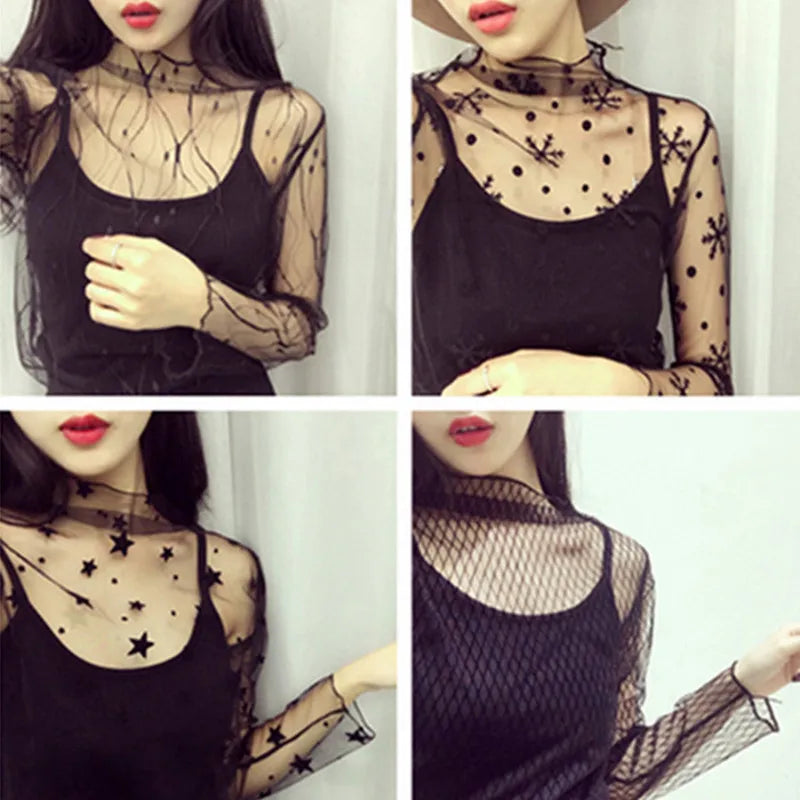 New Transparent See Through Shirt Women Sexy Harajuku Mesh Tops Net Undershirt Star Base Top Camisas Femininas Clubwear SheerTee