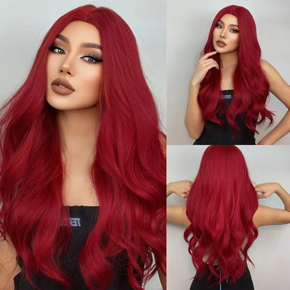 HENRY MARGU Long Brown Wavy Synthetic Wigs Middle Part Natural  Curly Wig for Black Women Cosplay Daily Heat Resistant Fake Hair